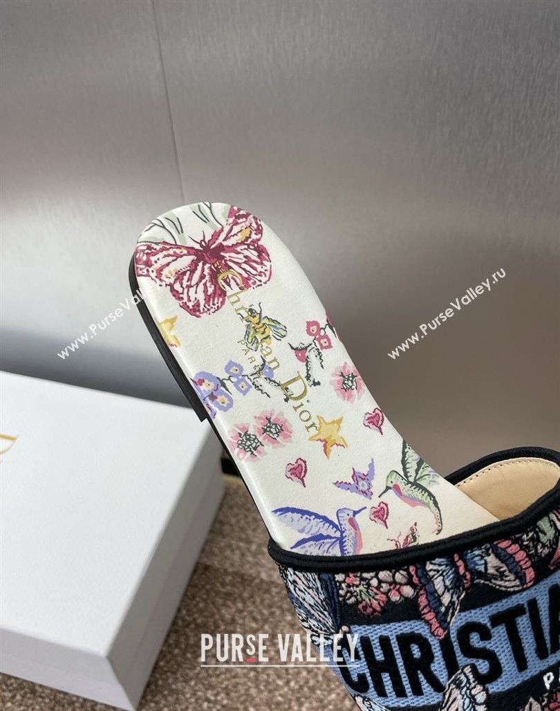 Dior Dway Flat Slides Sandal in White and Blue Cotton with Amour 1947 Embroidery 2025 (MD-250425100)