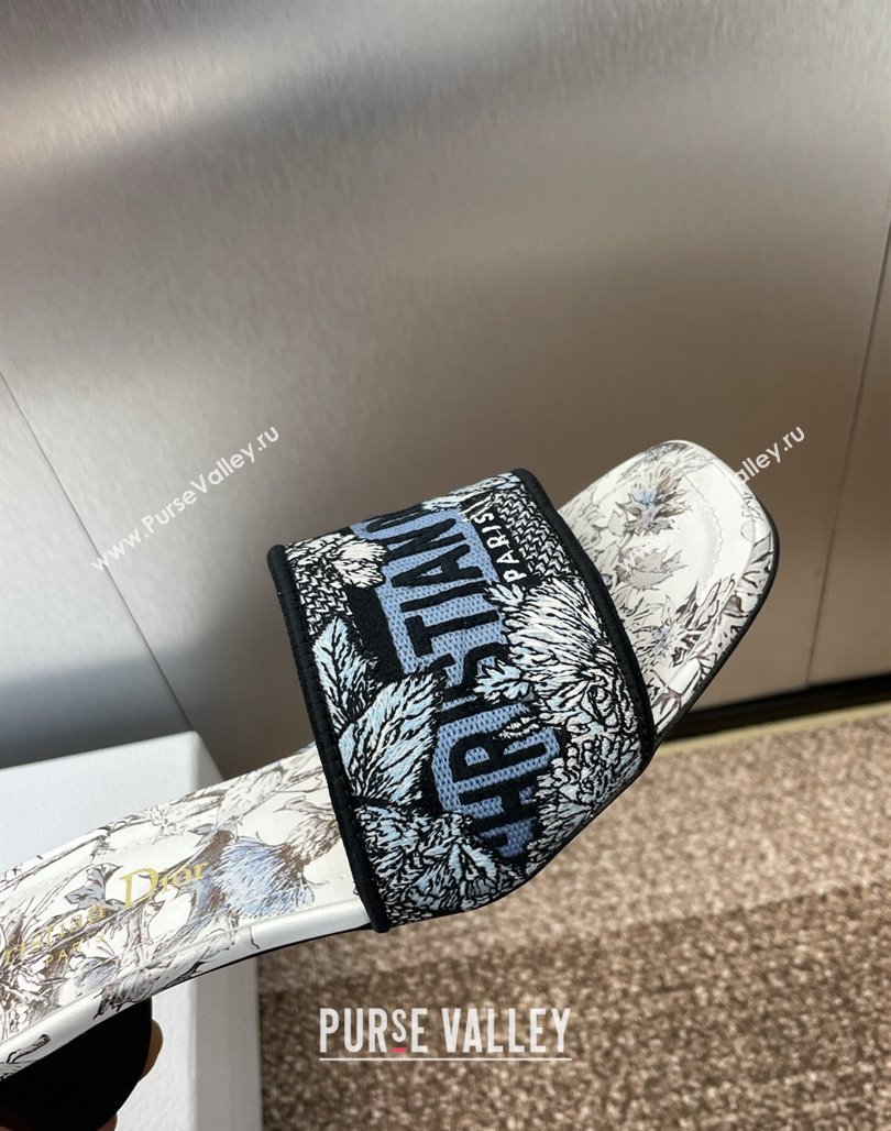 Dior Dway Heel Slides Sandal 4.5cm in Embroidered Cotton White/Blue 2025 0425 (MD-250425101)