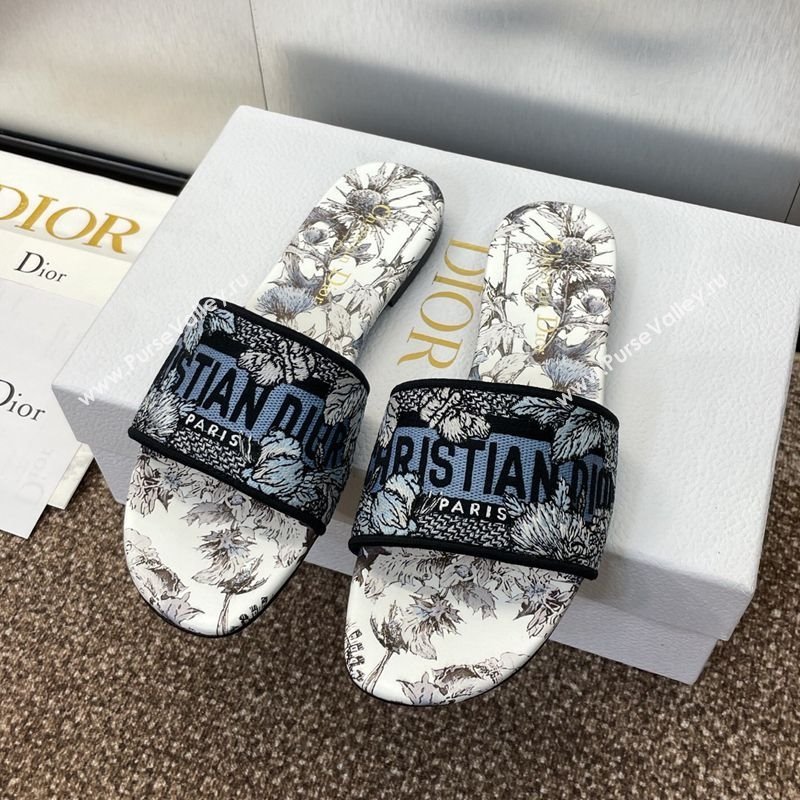 Dior Dway Flat Slides Sandal in Embroidered Cotton White/Blue 2025 0425 (MD-250425102)