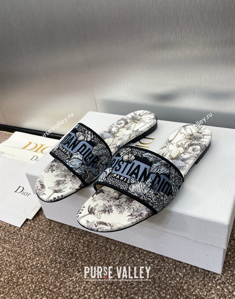 Dior Dway Flat Slides Sandal in Embroidered Cotton White/Blue 2025 0425 (MD-250425102)