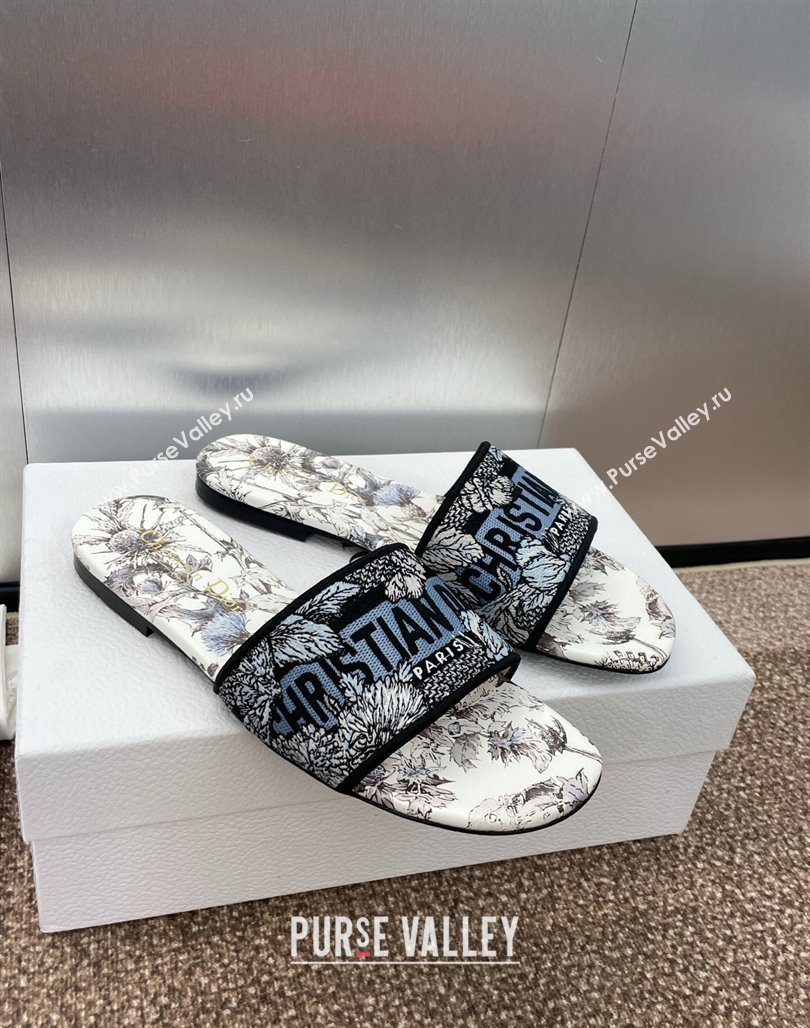 Dior Dway Flat Slides Sandal in Embroidered Cotton White/Blue 2025 0425 (MD-250425102)