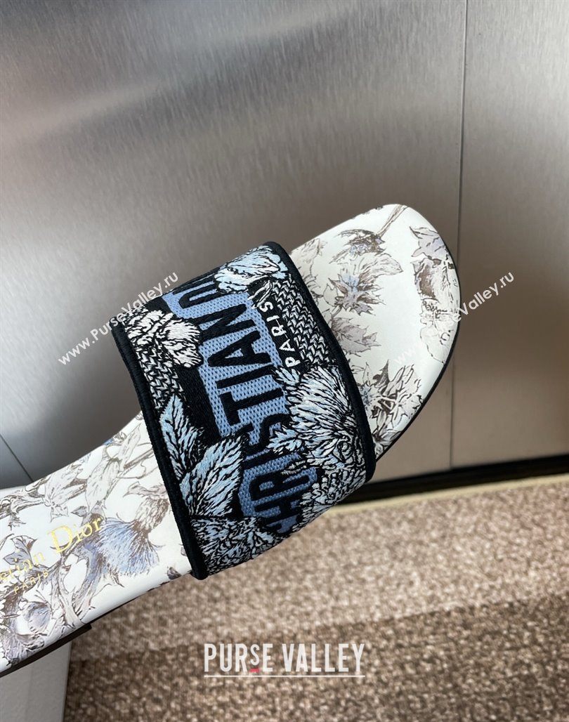 Dior Dway Flat Slides Sandal in Embroidered Cotton White/Blue 2025 0425 (MD-250425102)