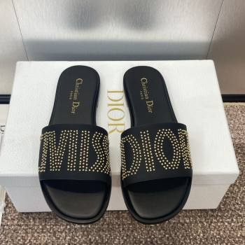 Dior Dway Flat Slides Sandal in Calfskin and Gold-Finish Studs Black 2025 (MD-250425117)