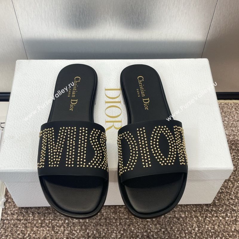 Dior Dway Flat Slides Sandal in Calfskin and Gold-Finish Studs Black 2025 (MD-250425117)