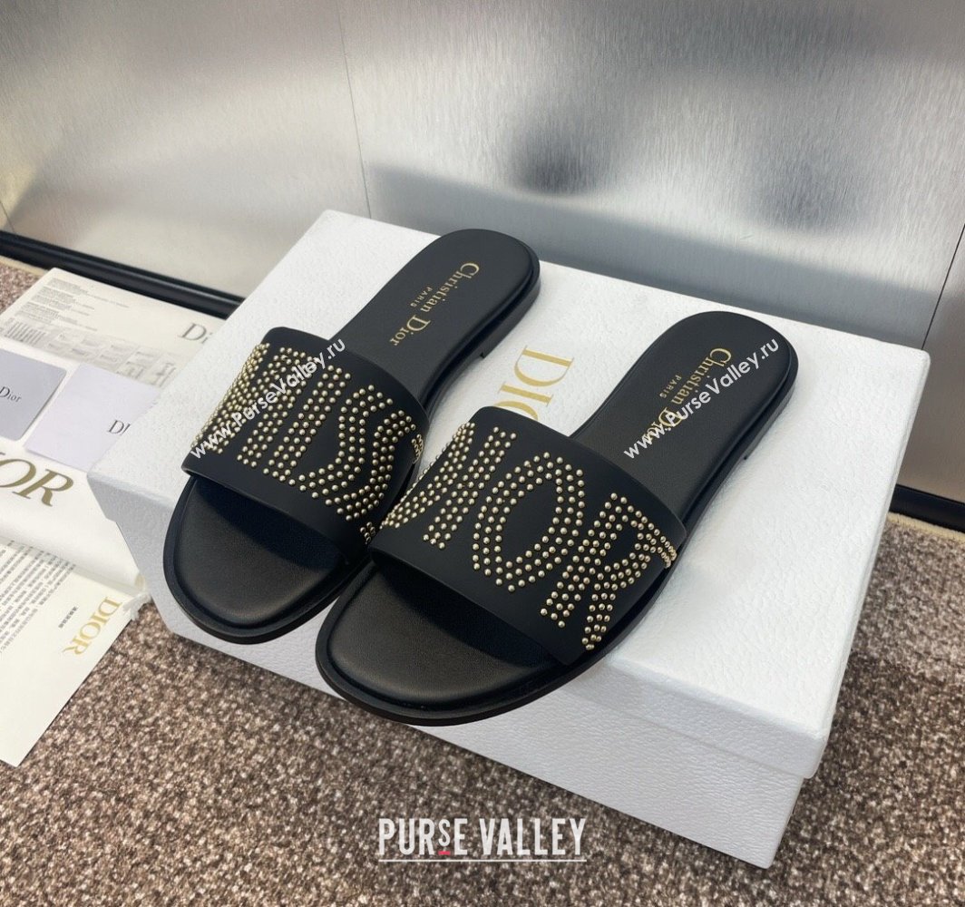 Dior Dway Flat Slides Sandal in Calfskin and Gold-Finish Studs Black 2025 (MD-250425117)