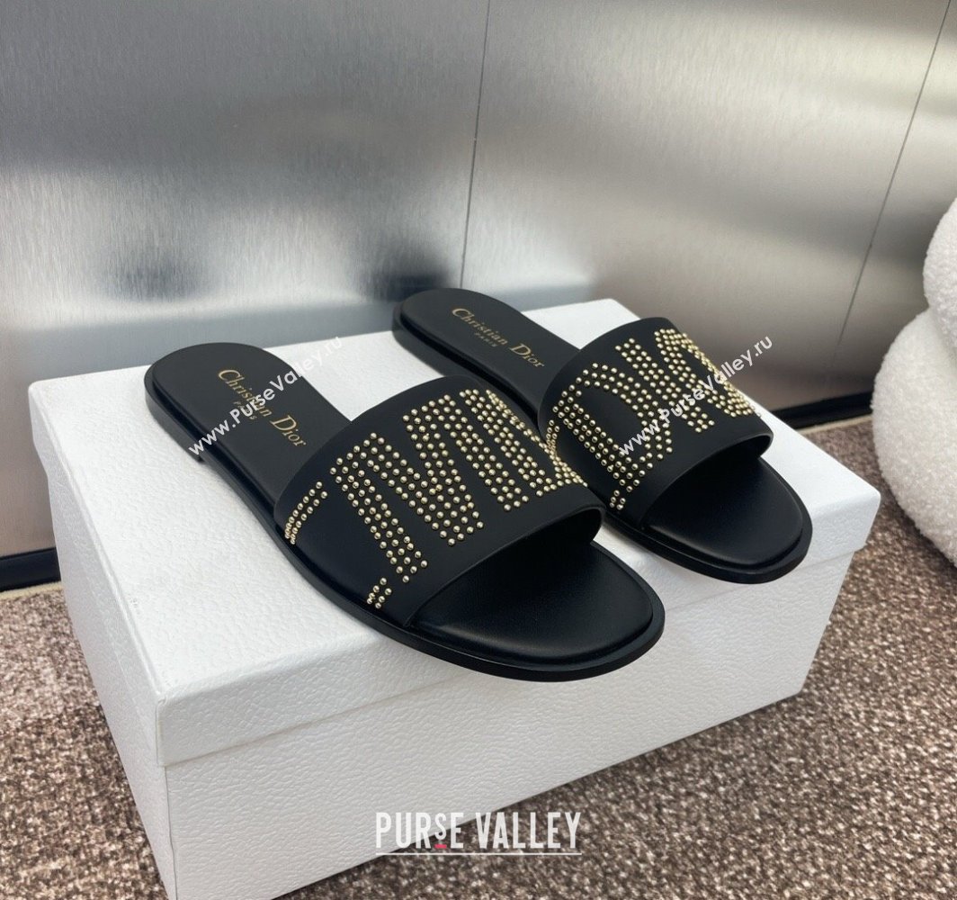 Dior Dway Flat Slides Sandal in Calfskin and Gold-Finish Studs Black 2025 (MD-250425117)