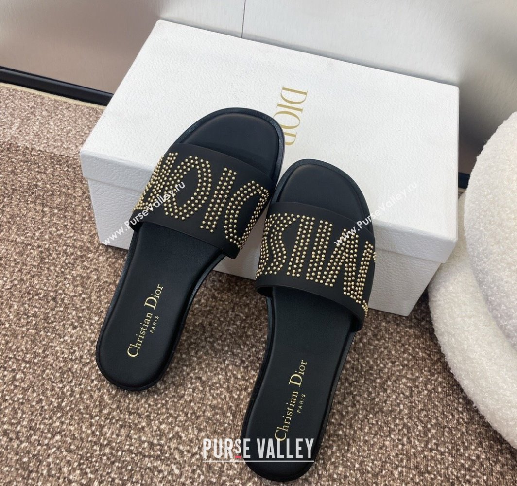Dior Dway Flat Slides Sandal in Calfskin and Gold-Finish Studs Black 2025 (MD-250425117)