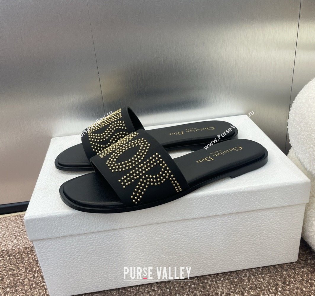 Dior Dway Flat Slides Sandal in Calfskin and Gold-Finish Studs Black 2025 (MD-250425117)