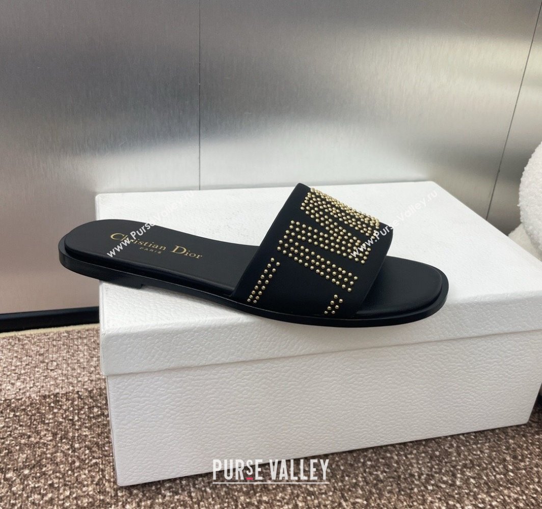 Dior Dway Flat Slides Sandal in Calfskin and Gold-Finish Studs Black 2025 (MD-250425117)