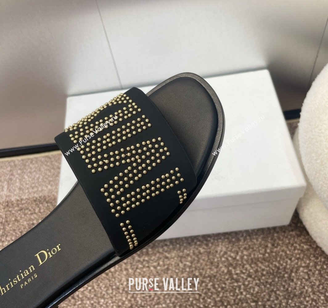 Dior Dway Flat Slides Sandal in Calfskin and Gold-Finish Studs Black 2025 (MD-250425117)