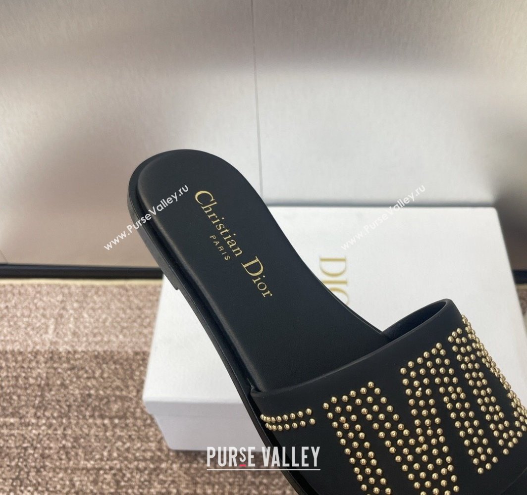 Dior Dway Flat Slides Sandal in Calfskin and Gold-Finish Studs Black 2025 (MD-250425117)