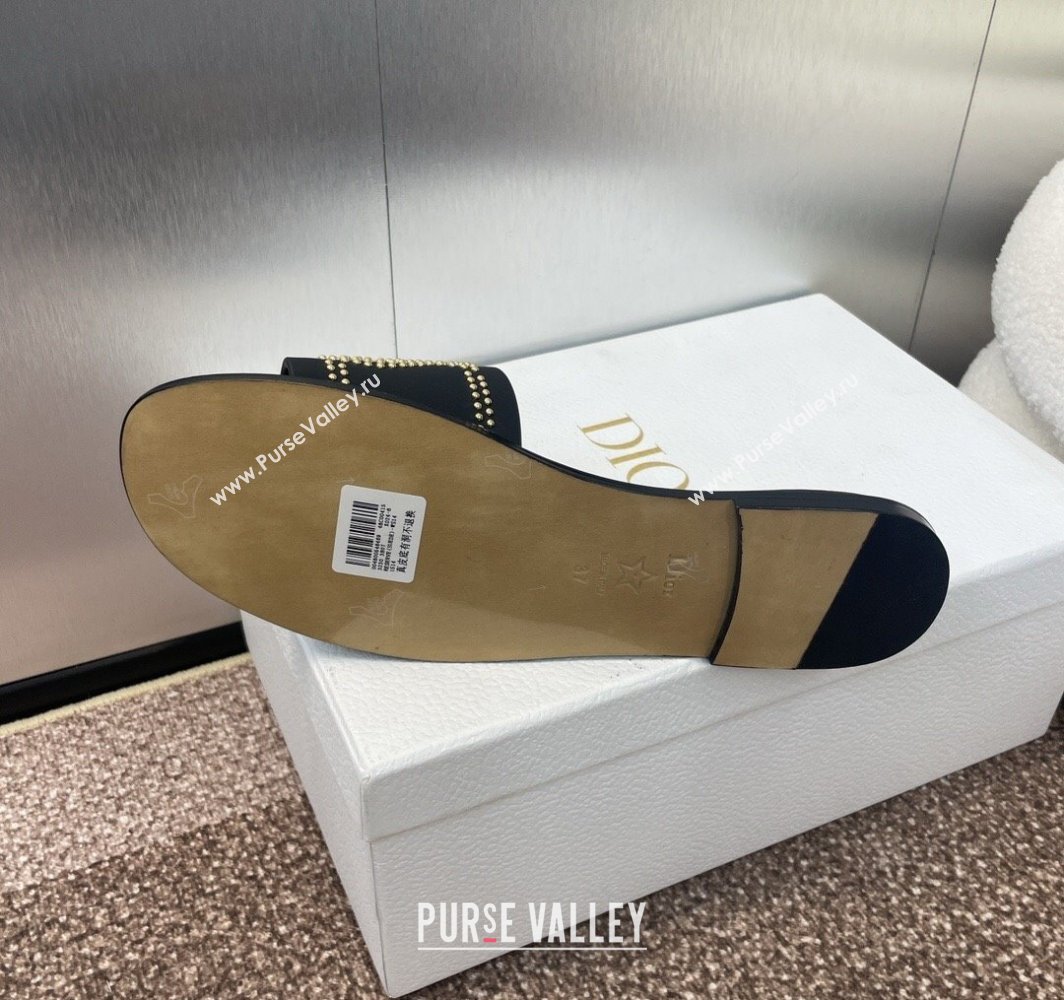 Dior Dway Flat Slides Sandal in Calfskin and Gold-Finish Studs Black 2025 (MD-250425117)