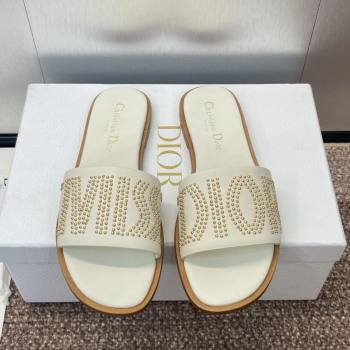Dior Dway Flat Slides Sandal in Calfskin and Gold-Finish Studs White 2025 (MD-250425118)