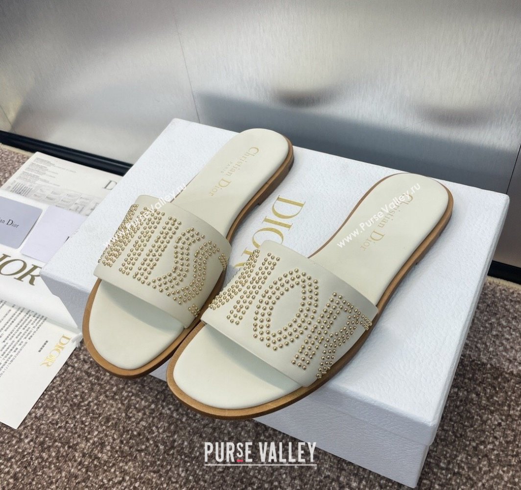 Dior Dway Flat Slides Sandal in Calfskin and Gold-Finish Studs White 2025 (MD-250425118)