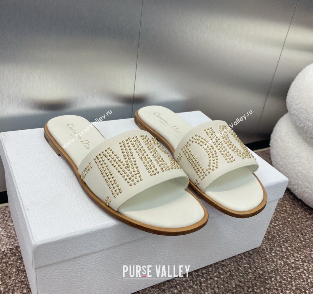 Dior Dway Flat Slides Sandal in Calfskin and Gold-Finish Studs White 2025 (MD-250425118)