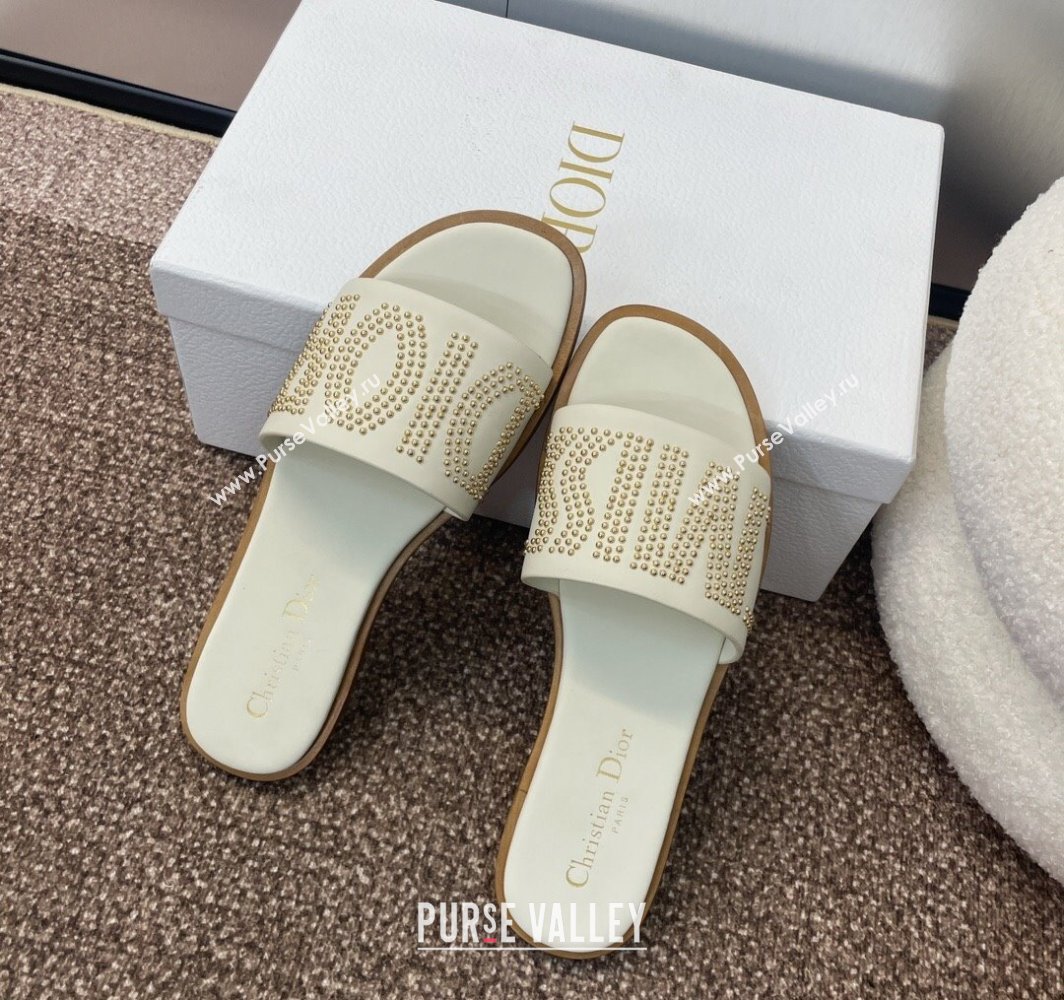 Dior Dway Flat Slides Sandal in Calfskin and Gold-Finish Studs White 2025 (MD-250425118)