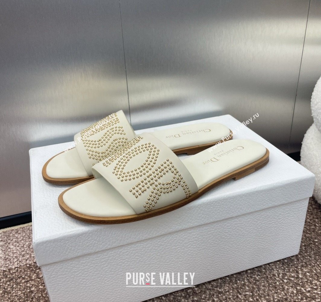 Dior Dway Flat Slides Sandal in Calfskin and Gold-Finish Studs White 2025 (MD-250425118)