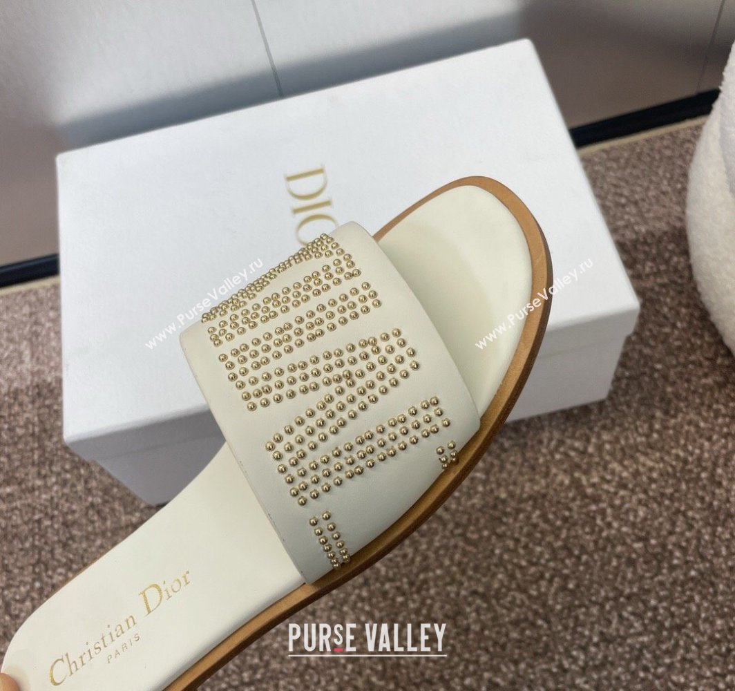 Dior Dway Flat Slides Sandal in Calfskin and Gold-Finish Studs White 2025 (MD-250425118)