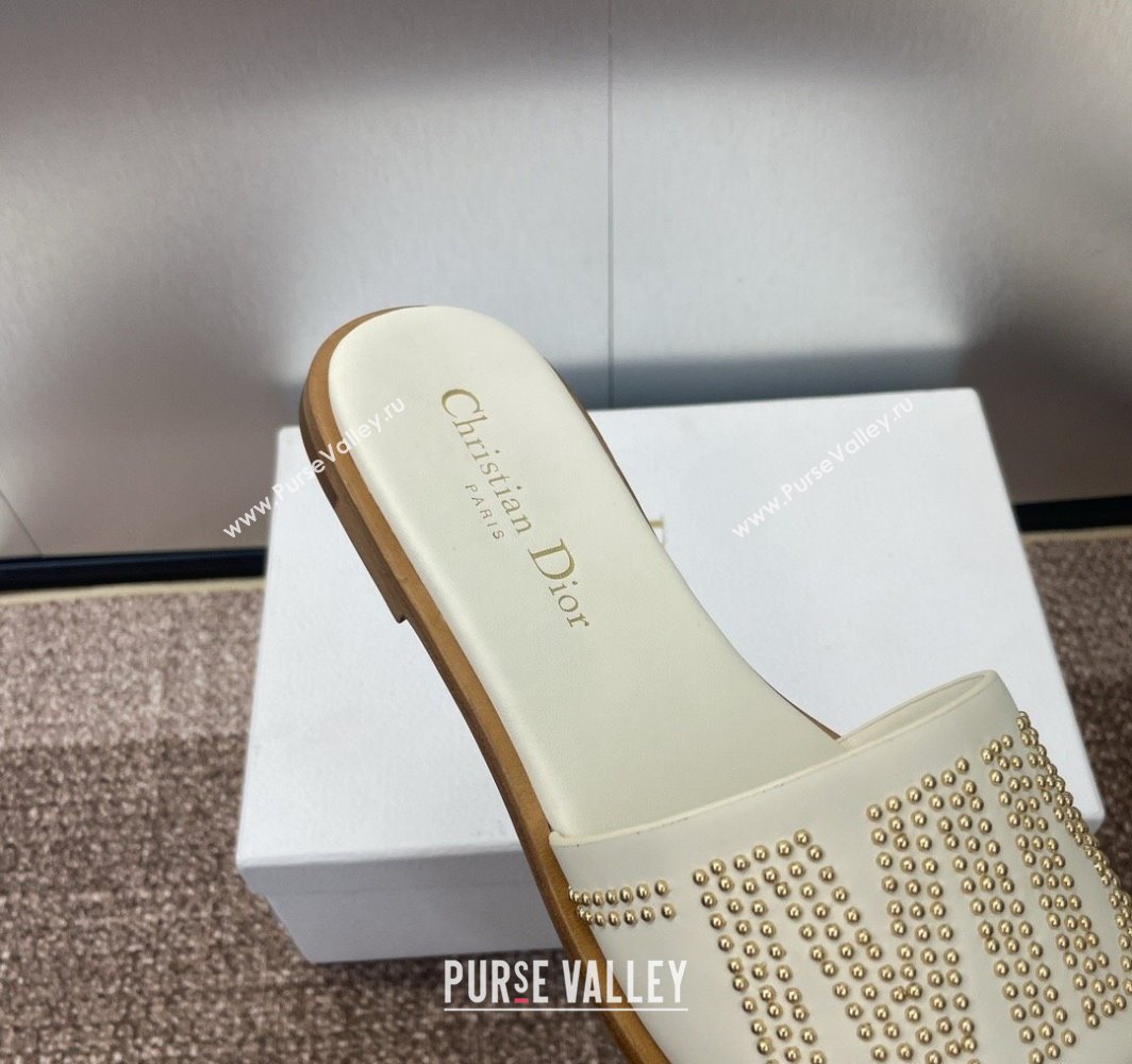 Dior Dway Flat Slides Sandal in Calfskin and Gold-Finish Studs White 2025 (MD-250425118)