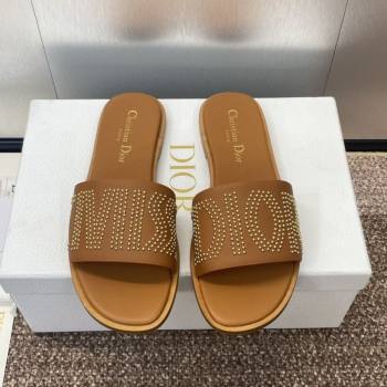 Dior Dway Flat Slides Sandal in Calfskin and Gold-Finish Studs Brown 2025 (MD-250425119)