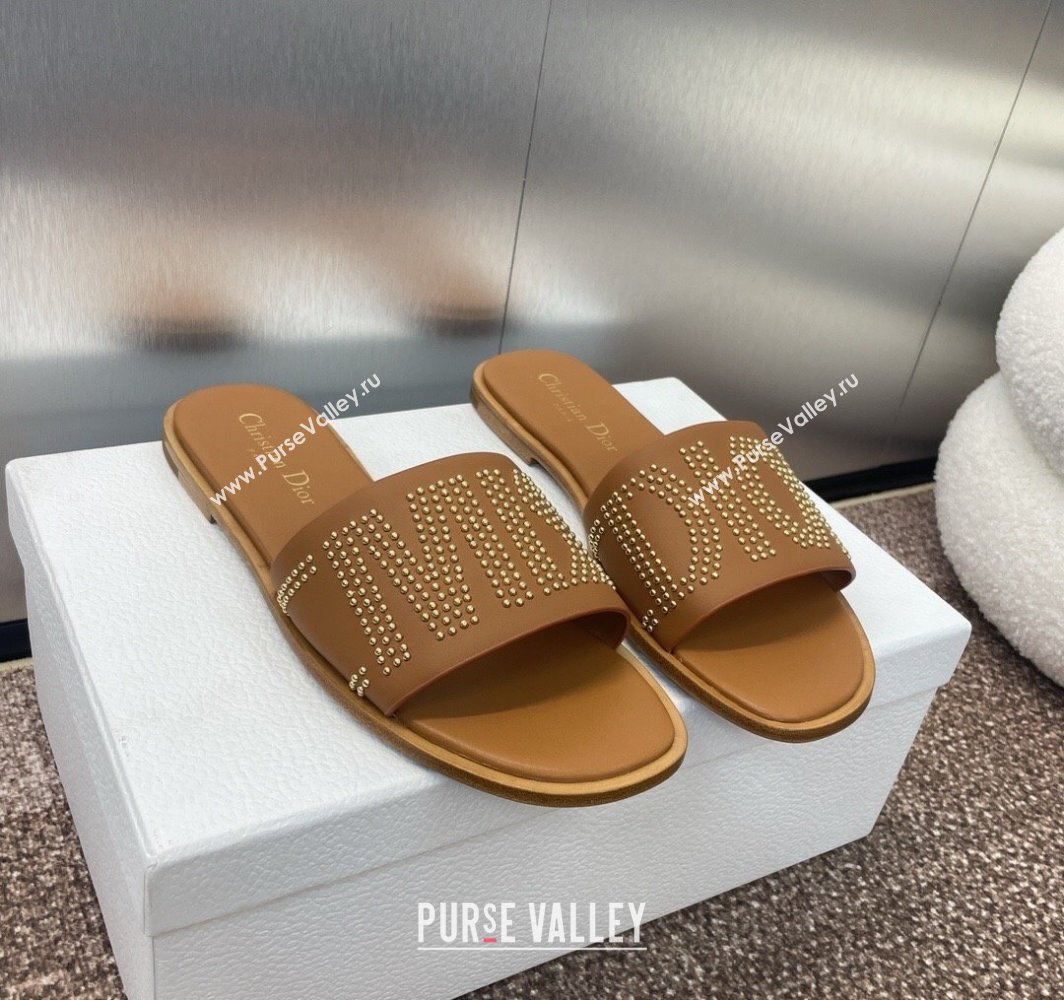 Dior Dway Flat Slides Sandal in Calfskin and Gold-Finish Studs Brown 2025 (MD-250425119)