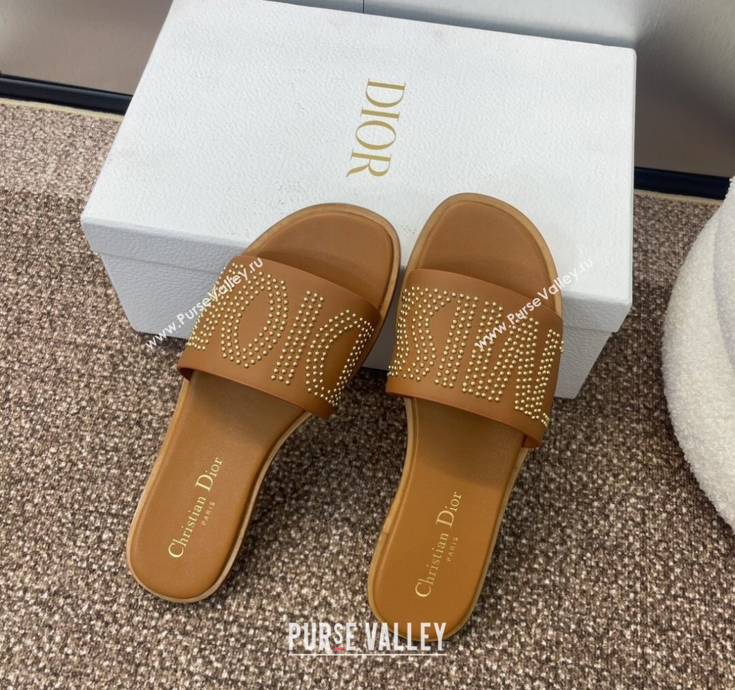 Dior Dway Flat Slides Sandal in Calfskin and Gold-Finish Studs Brown 2025 (MD-250425119)