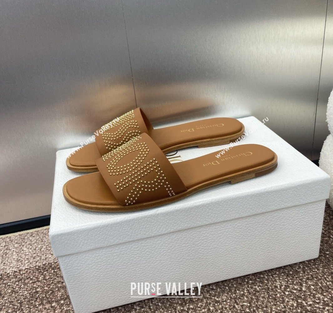 Dior Dway Flat Slides Sandal in Calfskin and Gold-Finish Studs Brown 2025 (MD-250425119)