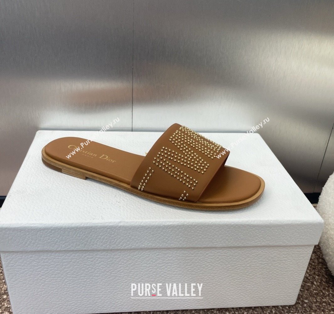 Dior Dway Flat Slides Sandal in Calfskin and Gold-Finish Studs Brown 2025 (MD-250425119)