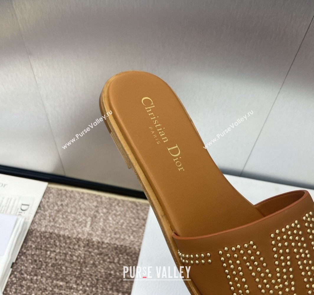 Dior Dway Flat Slides Sandal in Calfskin and Gold-Finish Studs Brown 2025 (MD-250425119)