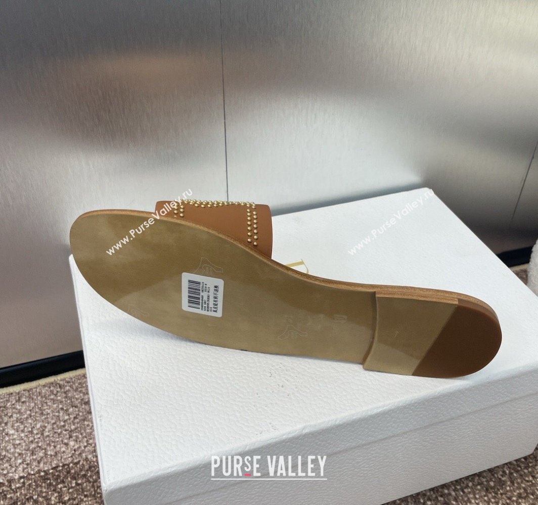 Dior Dway Flat Slides Sandal in Calfskin and Gold-Finish Studs Brown 2025 (MD-250425119)