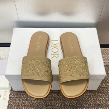 Dior Dway Flat Slides Sandal in Calfskin and Gold-Finish Studs Beige 2025 (MD-250425120)