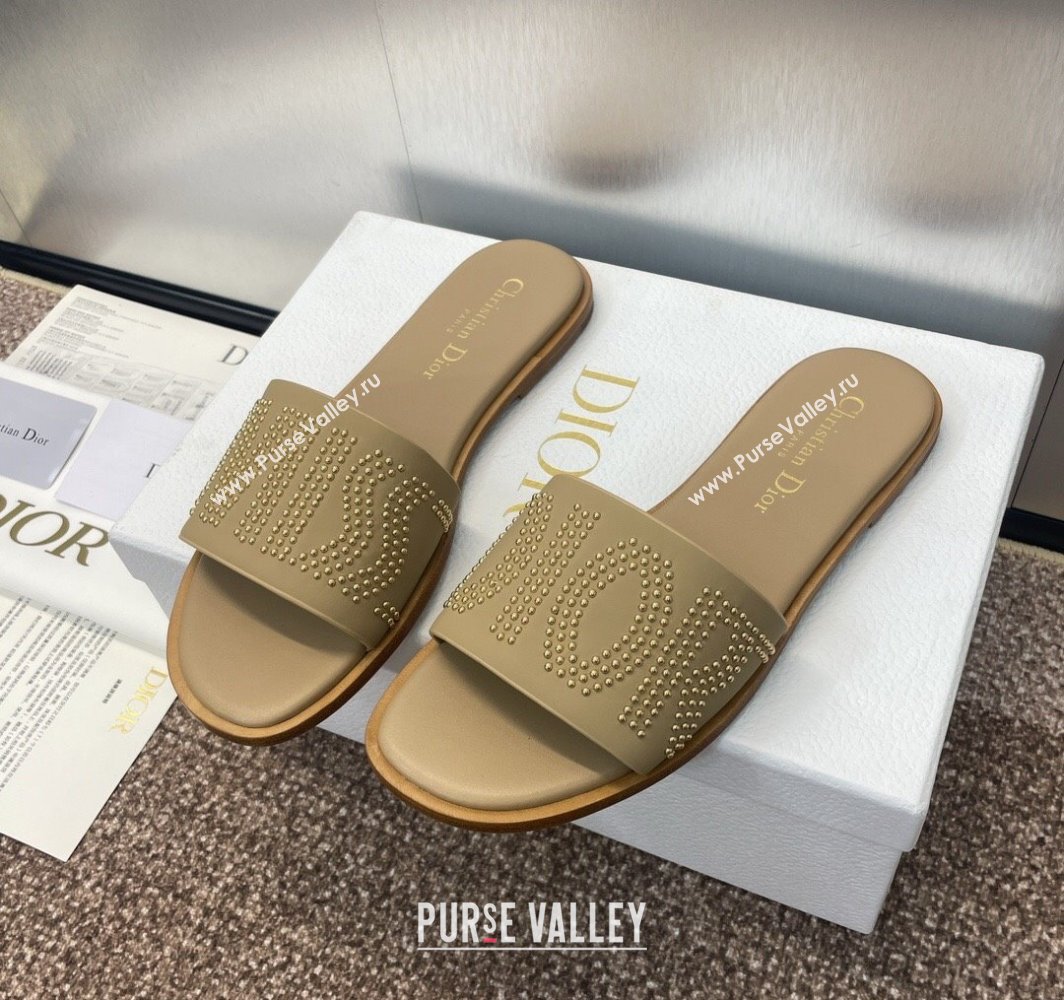 Dior Dway Flat Slides Sandal in Calfskin and Gold-Finish Studs Beige 2025 (MD-250425120)