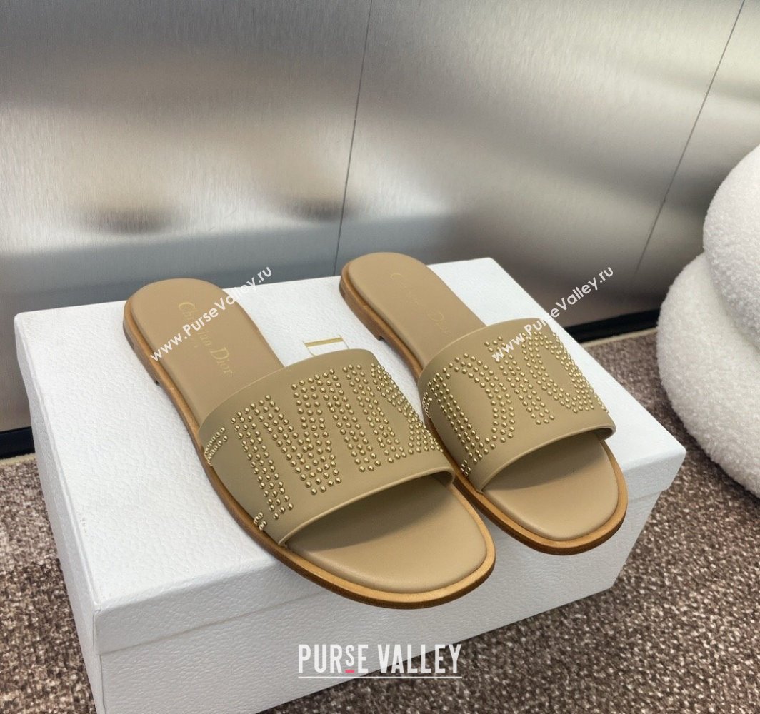 Dior Dway Flat Slides Sandal in Calfskin and Gold-Finish Studs Beige 2025 (MD-250425120)