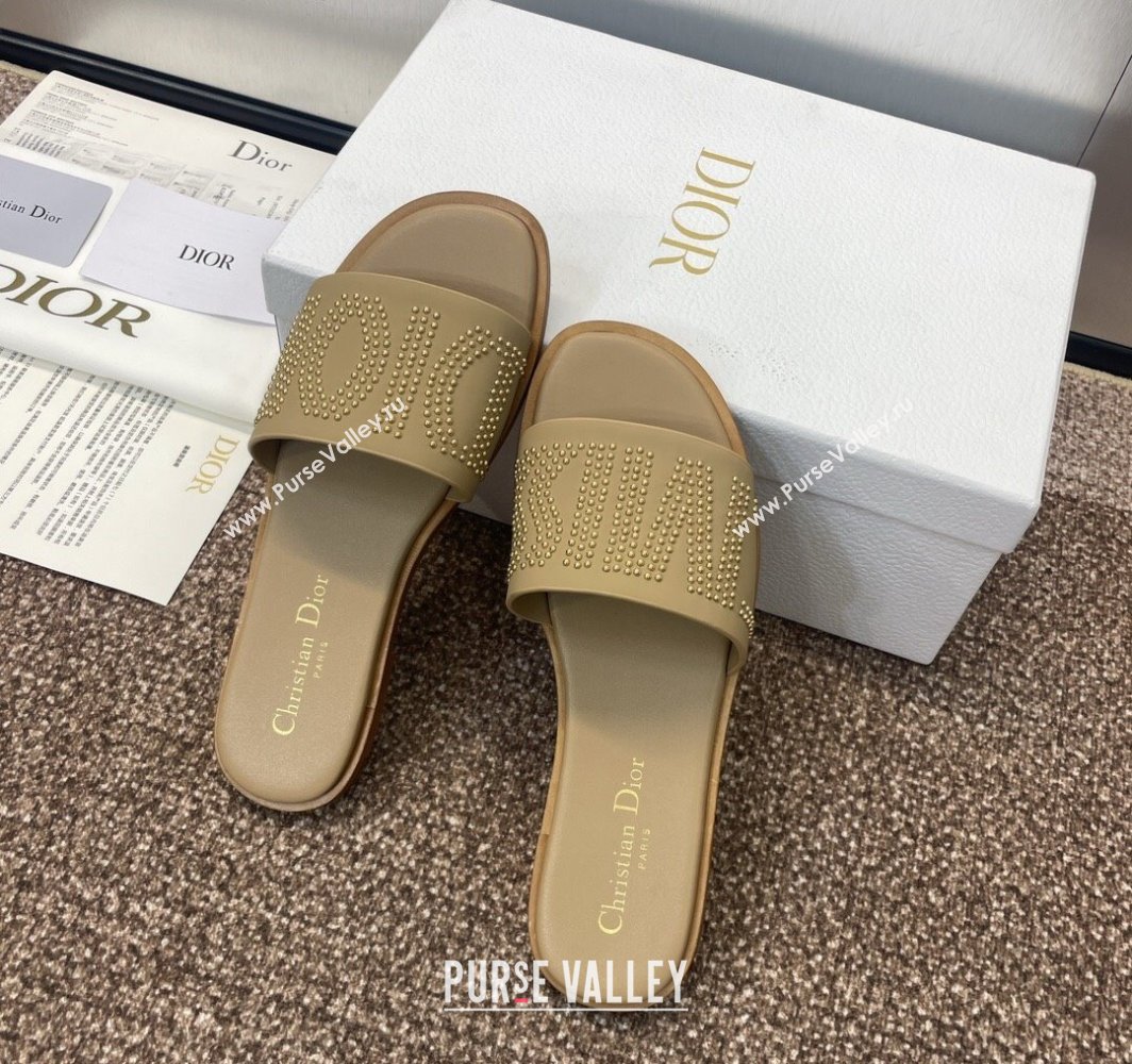 Dior Dway Flat Slides Sandal in Calfskin and Gold-Finish Studs Beige 2025 (MD-250425120)