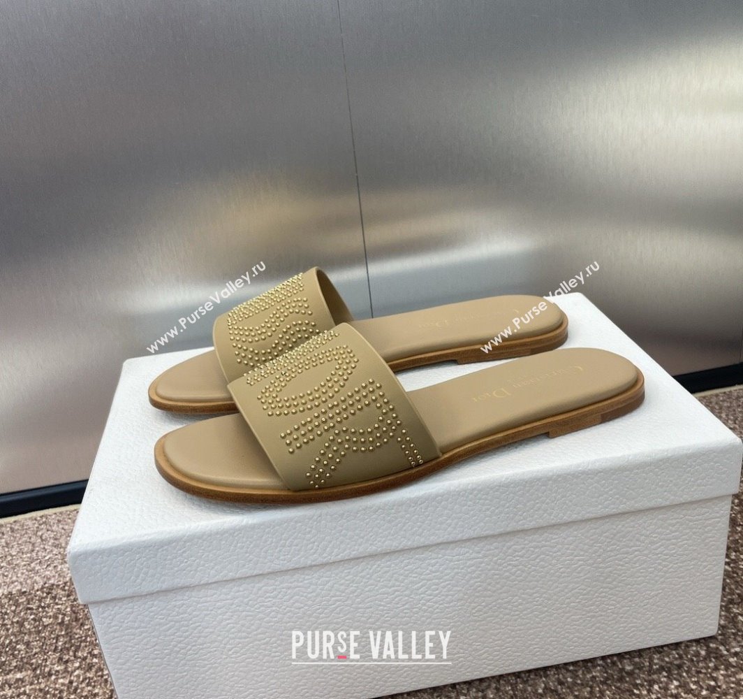 Dior Dway Flat Slides Sandal in Calfskin and Gold-Finish Studs Beige 2025 (MD-250425120)
