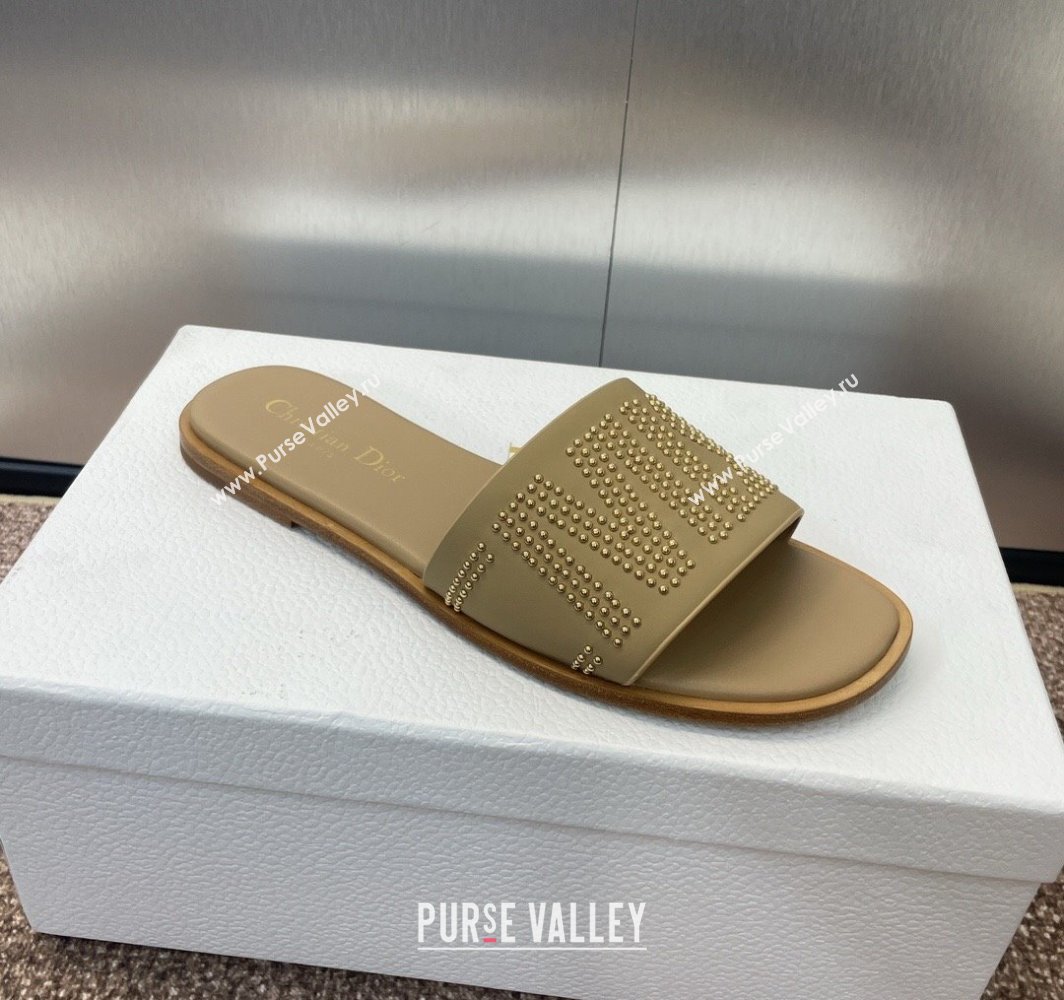 Dior Dway Flat Slides Sandal in Calfskin and Gold-Finish Studs Beige 2025 (MD-250425120)