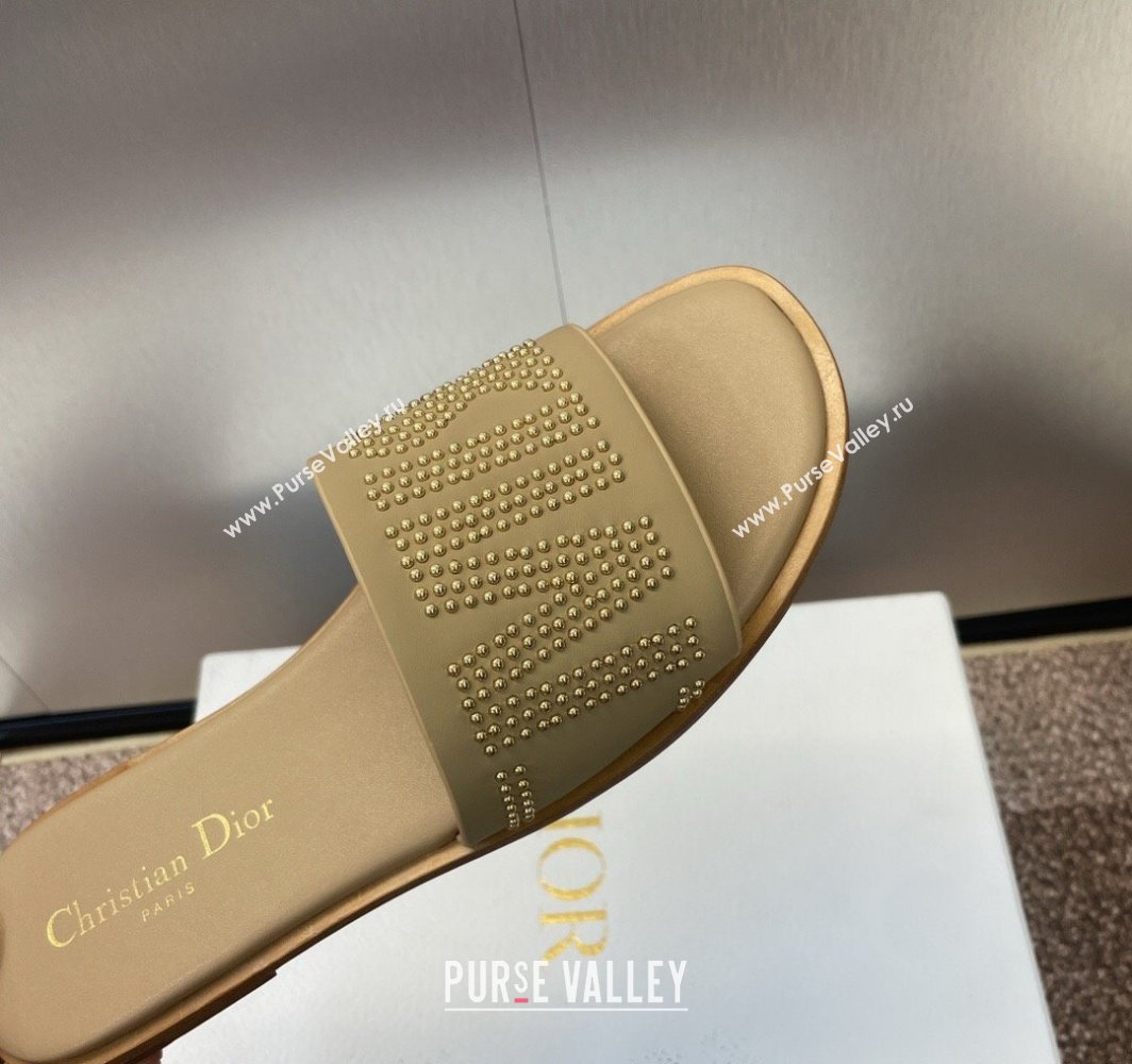 Dior Dway Flat Slides Sandal in Calfskin and Gold-Finish Studs Beige 2025 (MD-250425120)