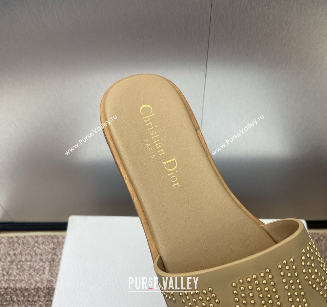 Dior Dway Flat Slides Sandal in Calfskin and Gold-Finish Studs Beige 2025 (MD-250425120)