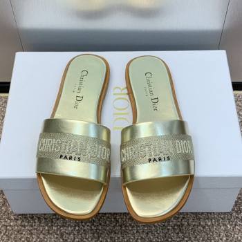 Dior Dway Flat Slides Sandal in Calfskin and Embroidered Cotton Gold-Tone 2025 S03W (MD-250425103)