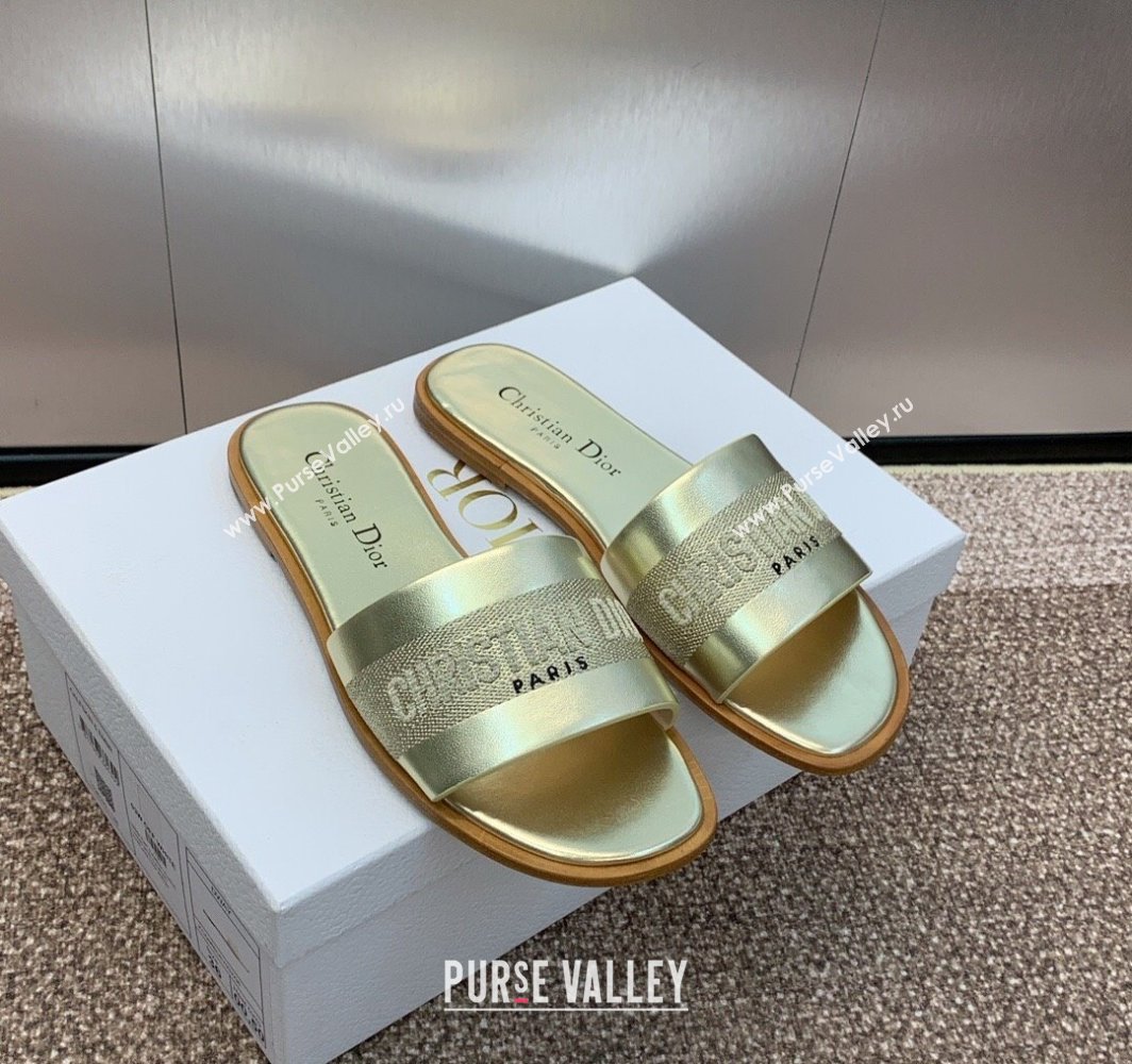 Dior Dway Flat Slides Sandal in Calfskin and Embroidered Cotton Gold-Tone 2025 S03W (MD-250425103)