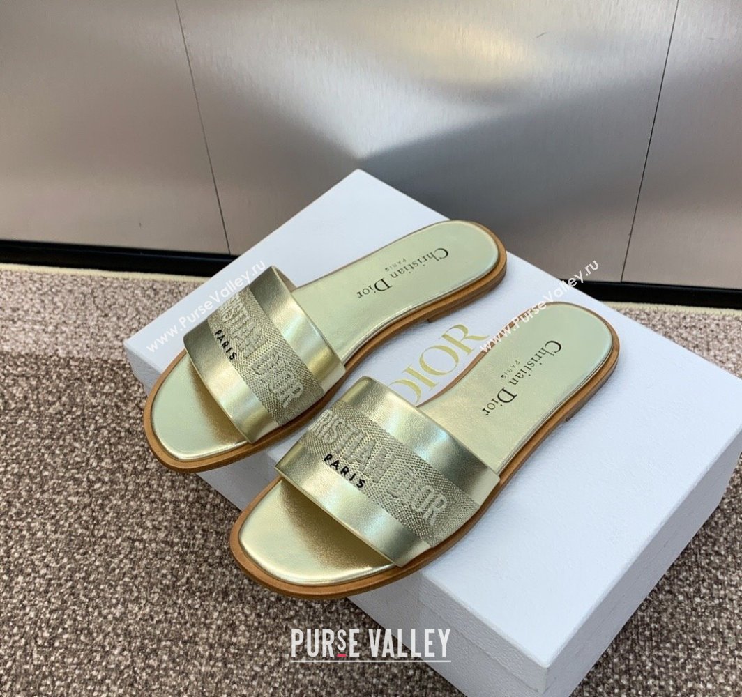 Dior Dway Flat Slides Sandal in Calfskin and Embroidered Cotton Gold-Tone 2025 S03W (MD-250425103)