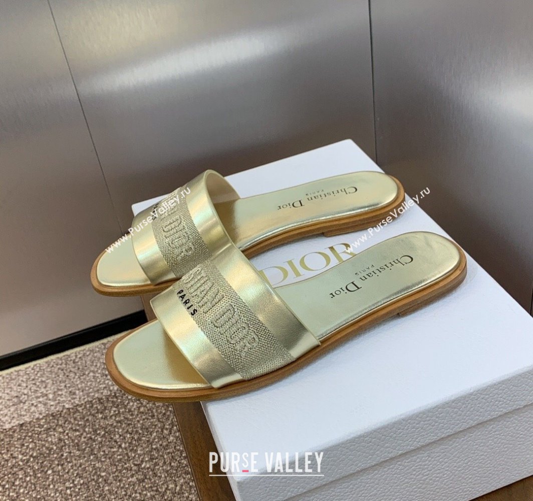 Dior Dway Flat Slides Sandal in Calfskin and Embroidered Cotton Gold-Tone 2025 S03W (MD-250425103)