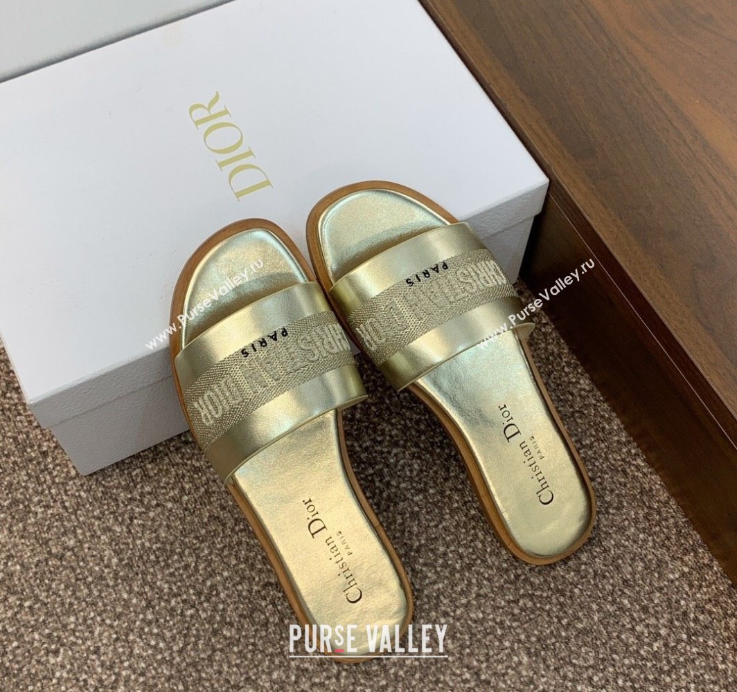 Dior Dway Flat Slides Sandal in Calfskin and Embroidered Cotton Gold-Tone 2025 S03W (MD-250425103)