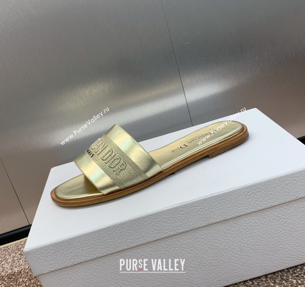 Dior Dway Flat Slides Sandal in Calfskin and Embroidered Cotton Gold-Tone 2025 S03W (MD-250425103)