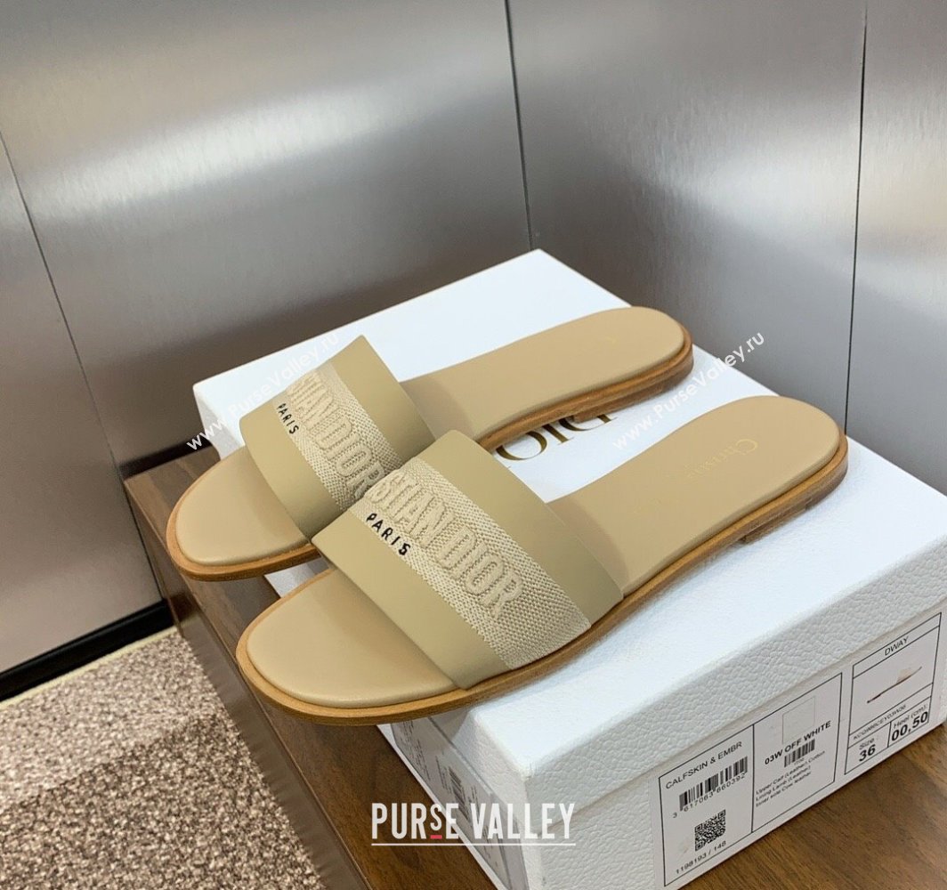 Dior Dway Flat Slides Sandal in Calfskin and Embroidered Cotton Beige 2025 S03W (MD-250425106)