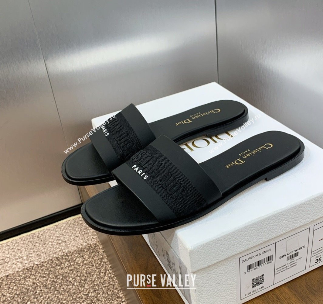 Dior Dway Flat Slides Sandal in Calfskin and Embroidered Cotton Black 2025 S03W (MD-250425108)