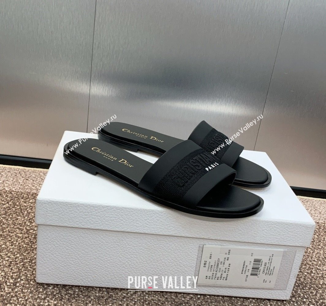 Dior Dway Flat Slides Sandal in Calfskin and Embroidered Cotton Black 2025 S03W (MD-250425108)