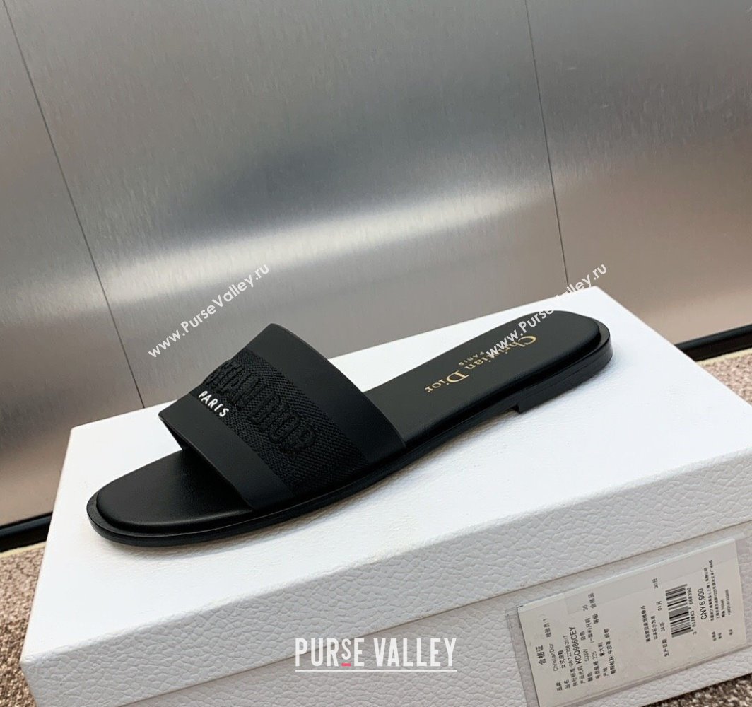 Dior Dway Flat Slides Sandal in Calfskin and Embroidered Cotton Black 2025 S03W (MD-250425108)