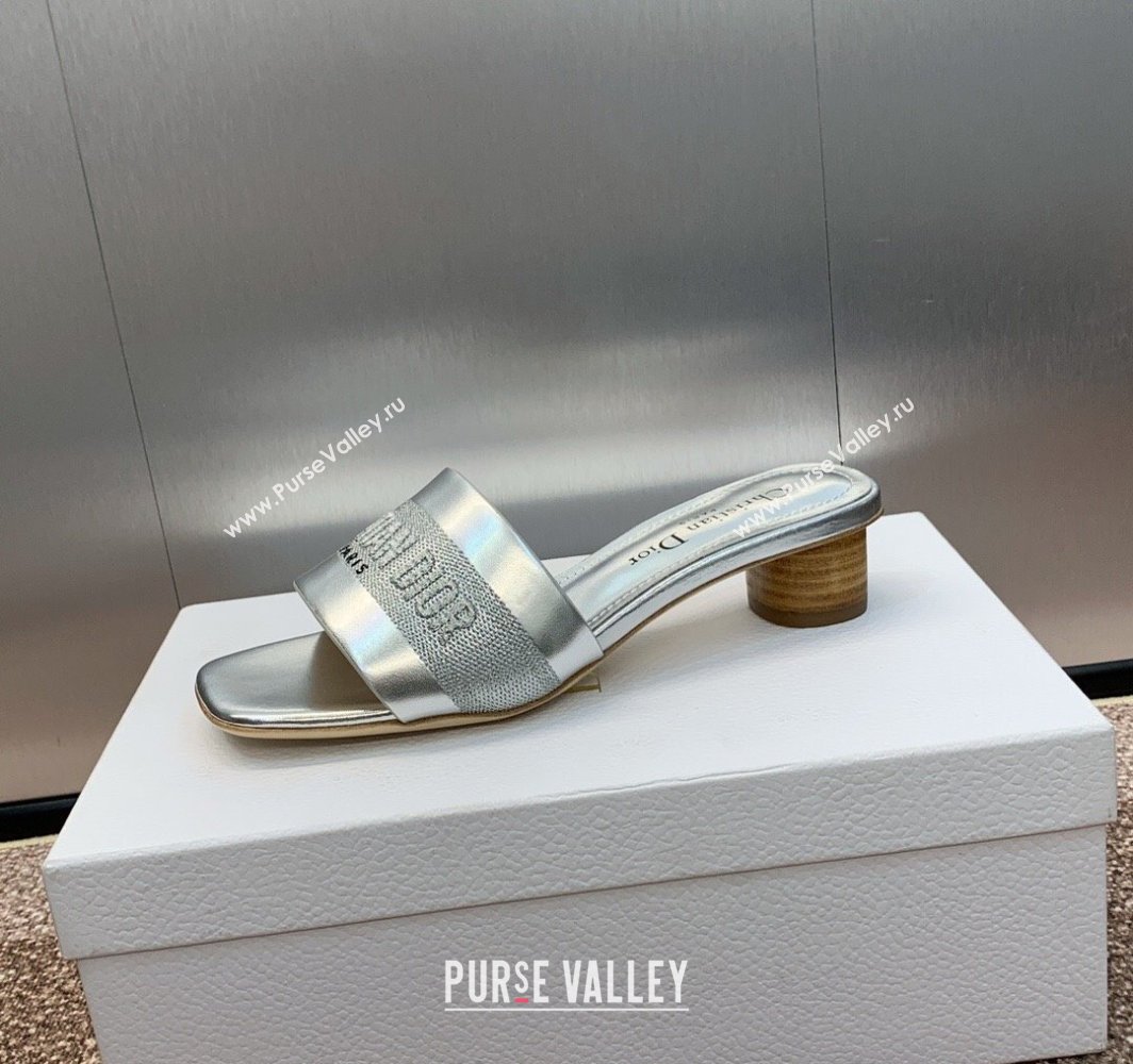 Dior Dway Heel Slides Sandal 4.5cm in Calfskin and Embroidered Cotton Silver 2025 S03W (MD-250425109)