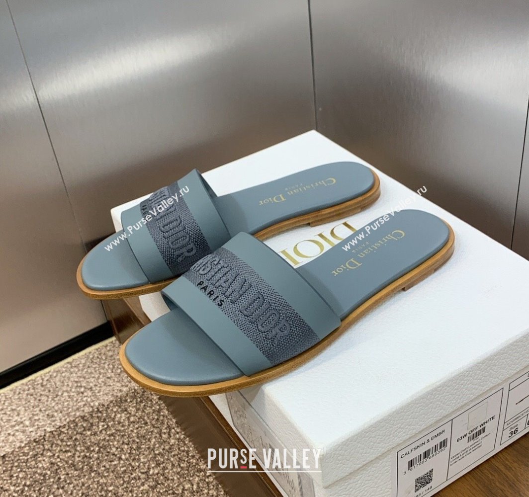 Dior Dway Flat Slides Sandal in Calfskin and Embroidered Cotton Blue 2025 S03W (MD-250425112)